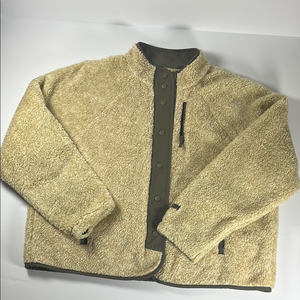 Ocean+Coast Women’s Cream Heather with Green Trim Sherpa Zip Front Jacket Sz XL